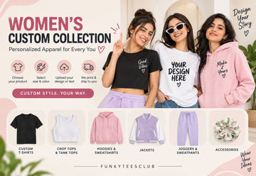 Women’s custom clothing and personalized apparel collection featuring T-shirts, crop tops, tank tops, hoodies, jackets and joggers | FunkyTeesClub