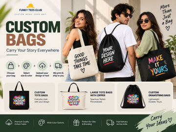 Custom bags and personalized tote bags including cotton tote bags, large zipper tote bags and drawstring bags | FunkyTeesClub