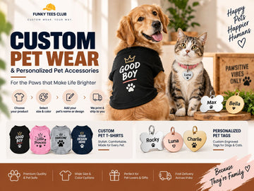 Custom pet wear and personalized pet accessories including dog T-shirts and engraved pet tags for dogs and cats | FunkyTeesClub