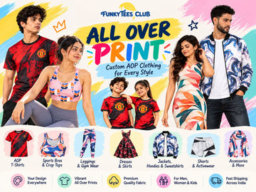 Custom All Over Print clothing collection featuring AOP T-shirts, sports bras, leggings, dresses, jackets, shorts and accessories for men, women and kids | FunkyTeesClub