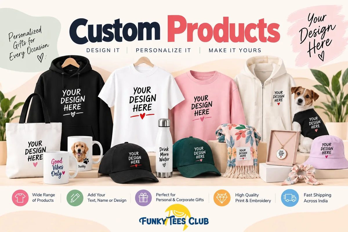 Custom products and personalized gifts including custom t-shirts, hoodies, caps, mugs, bottles and bags | FunkyTeesClub