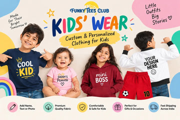 Custom kids wear collection featuring personalized T-shirts, baby rompers, hoodies, bomber jackets and sports shorts | FunkyTeesClub