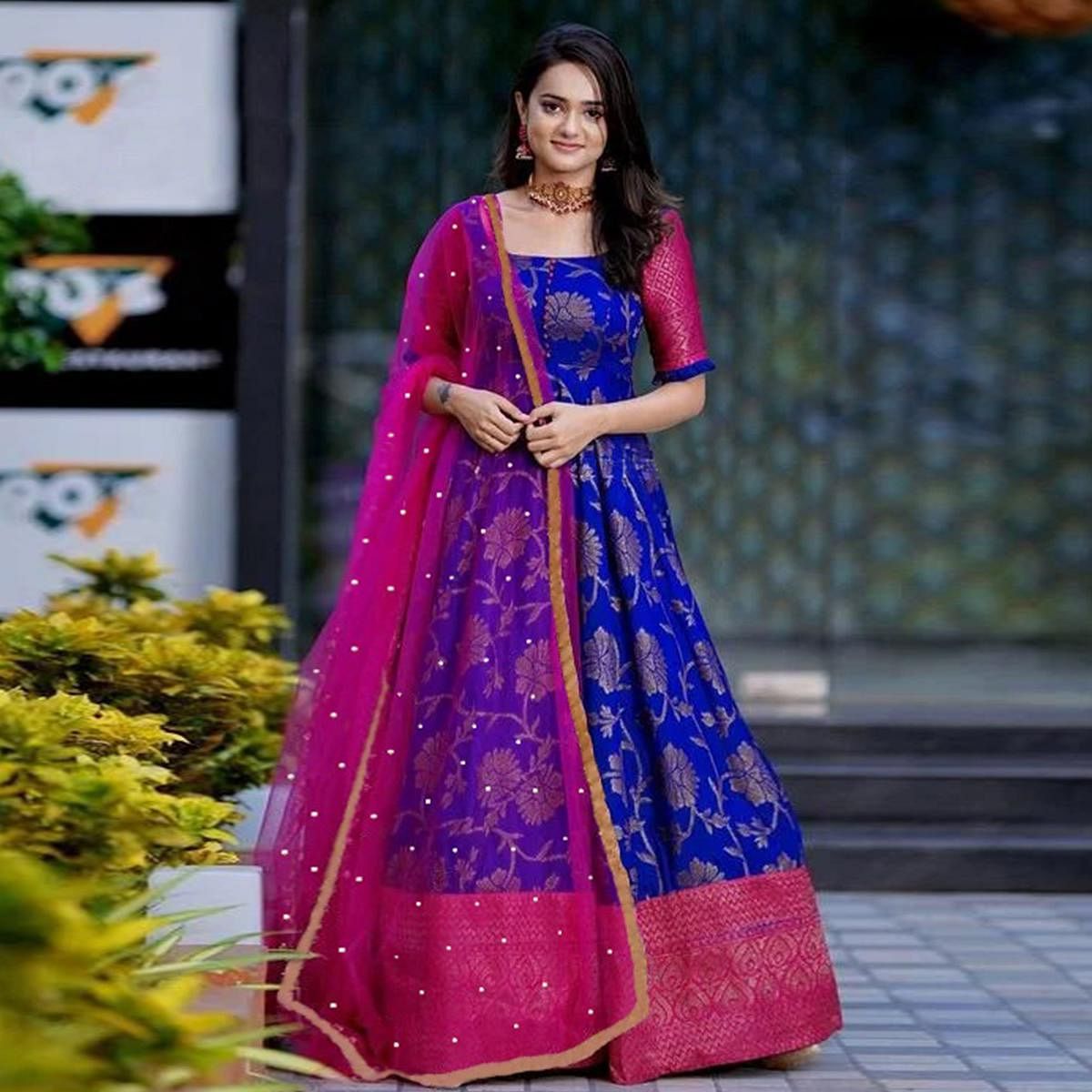Adorable Designer Wear Royal Blue Partywear Jacquard Anarkali Gown With Net Dupatta-FunkyTeesClub
