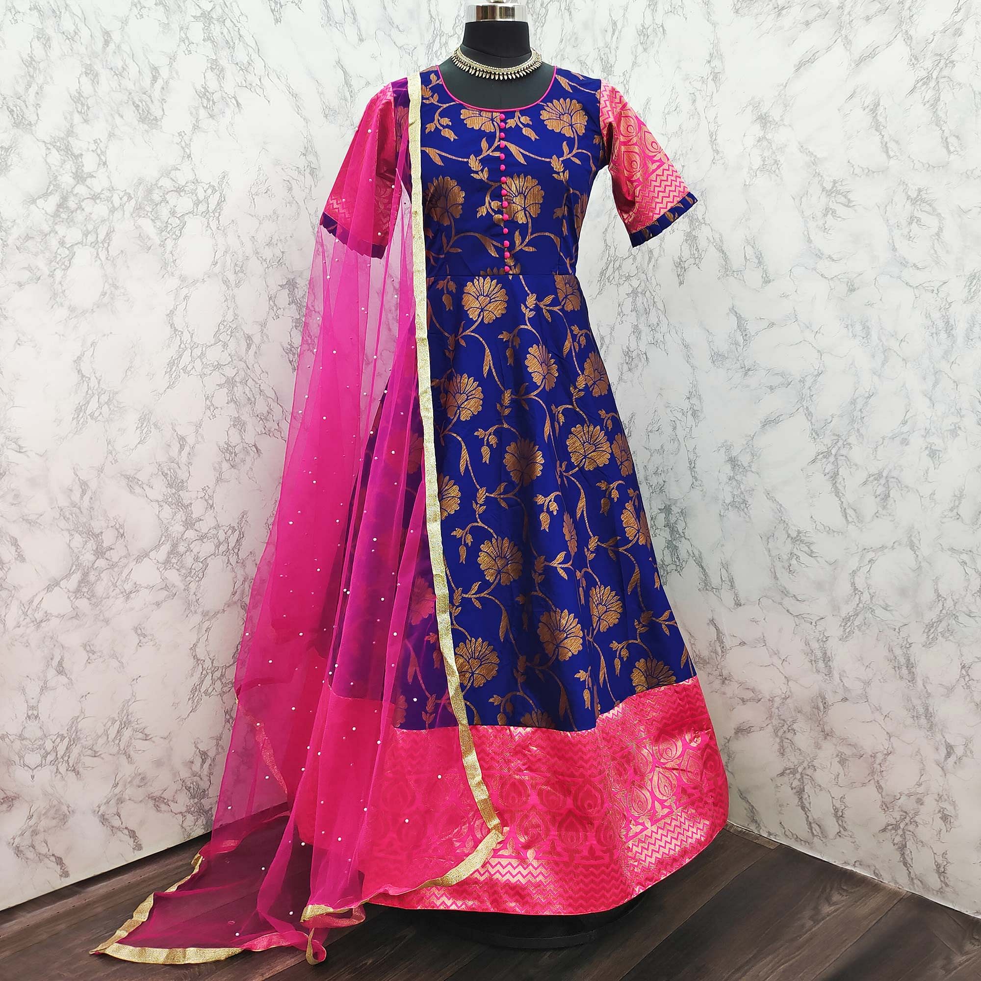 Adorable Designer Wear Royal Blue Partywear Jacquard Anarkali Gown With Net Dupatta-FunkyTeesClub