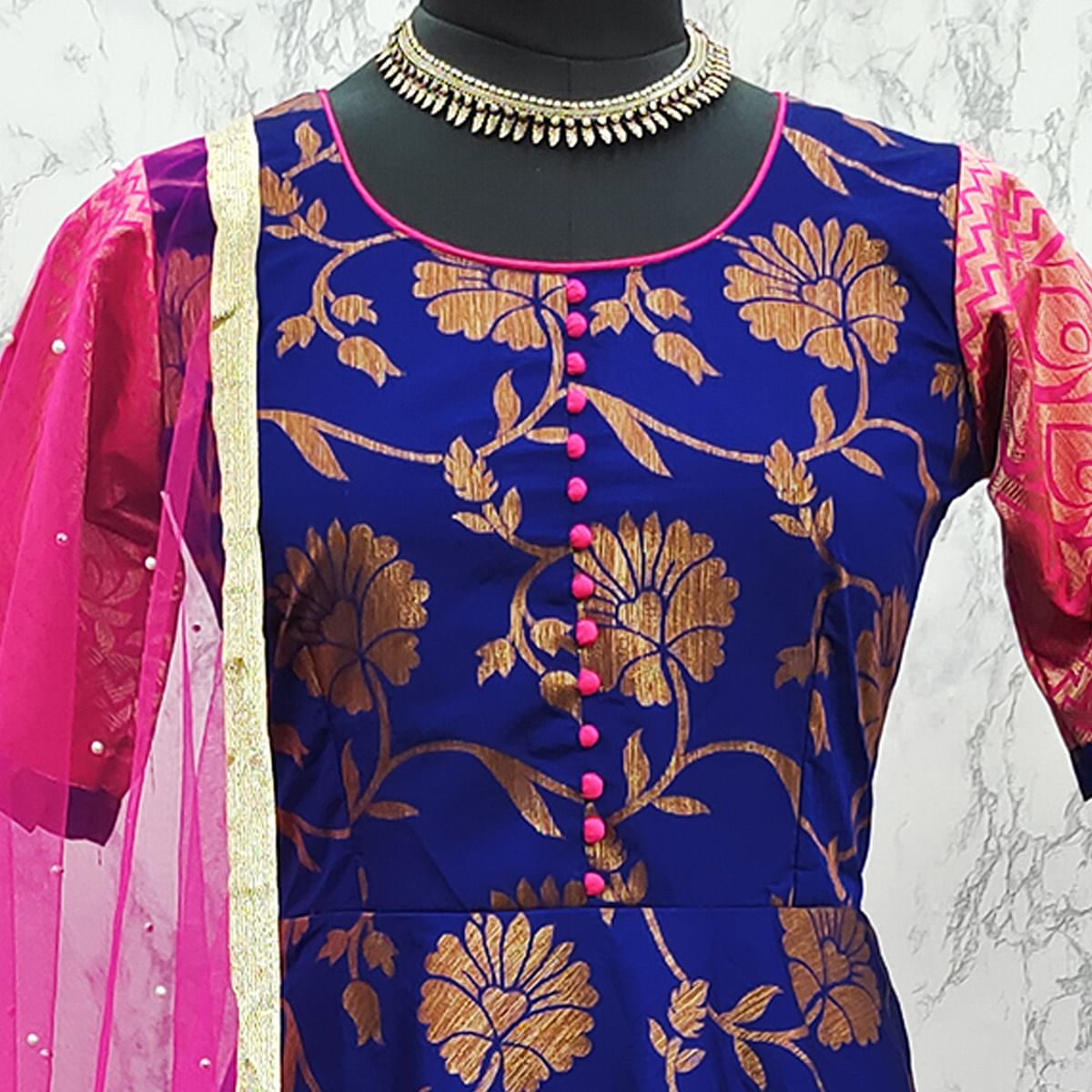 Adorable Designer Wear Royal Blue Partywear Jacquard Anarkali Gown With Net Dupatta-FunkyTeesClub