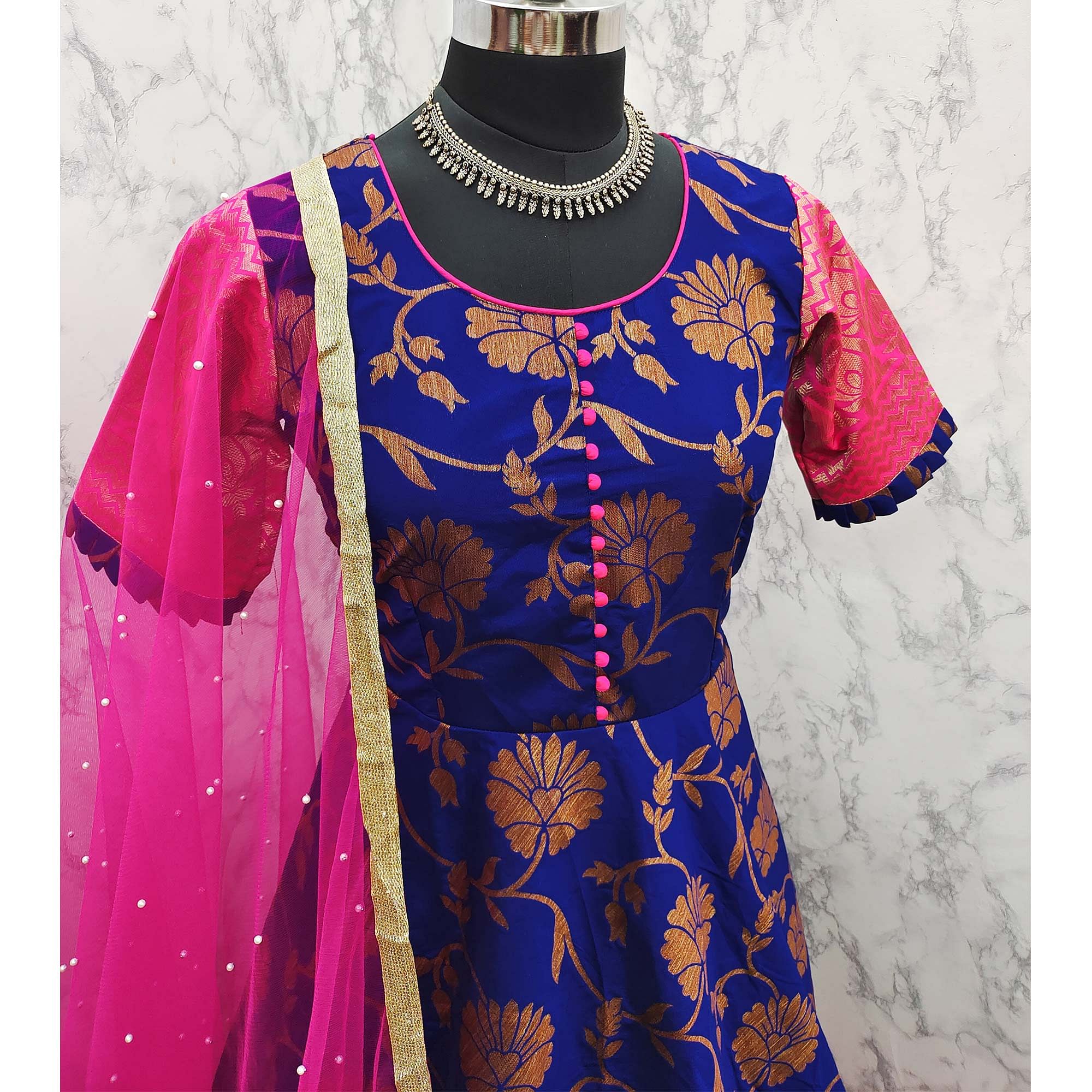 Adorable Designer Wear Royal Blue Partywear Jacquard Anarkali Gown With Net Dupatta-FunkyTeesClub
