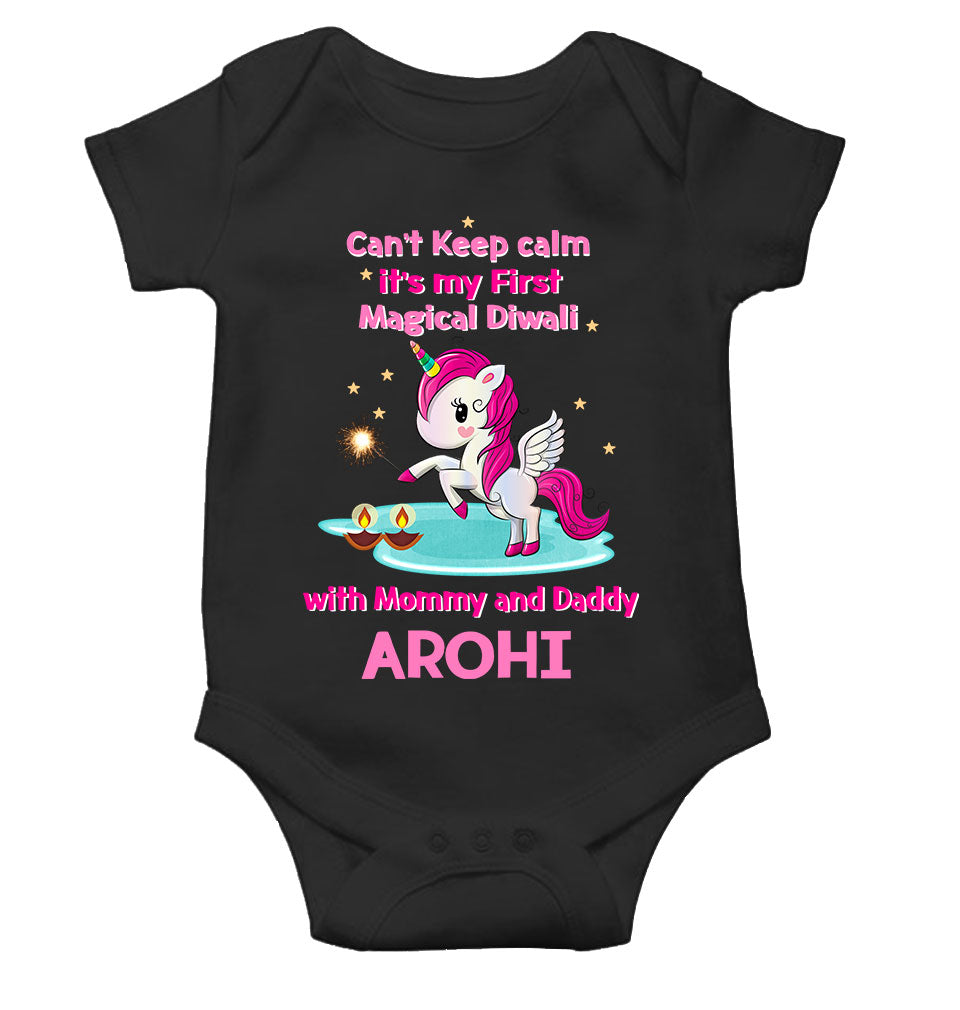 Custom Name Cant Keep Calm Its My First Diwali With Mumma Daddy Rompers for Baby Girl- FunkyTeesClub