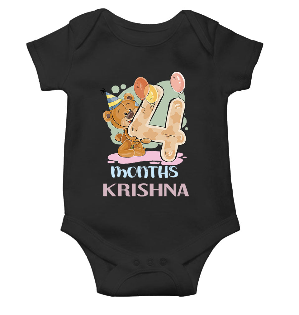Custom Name 4 Month Birthday Teddy Design Rompers for Baby Boy- FunkyTeesClub
