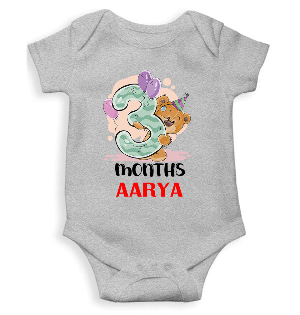 Custom Name 3 Month Birthday Teddy Design Rompers for Baby Girl- FunkyTeesClub