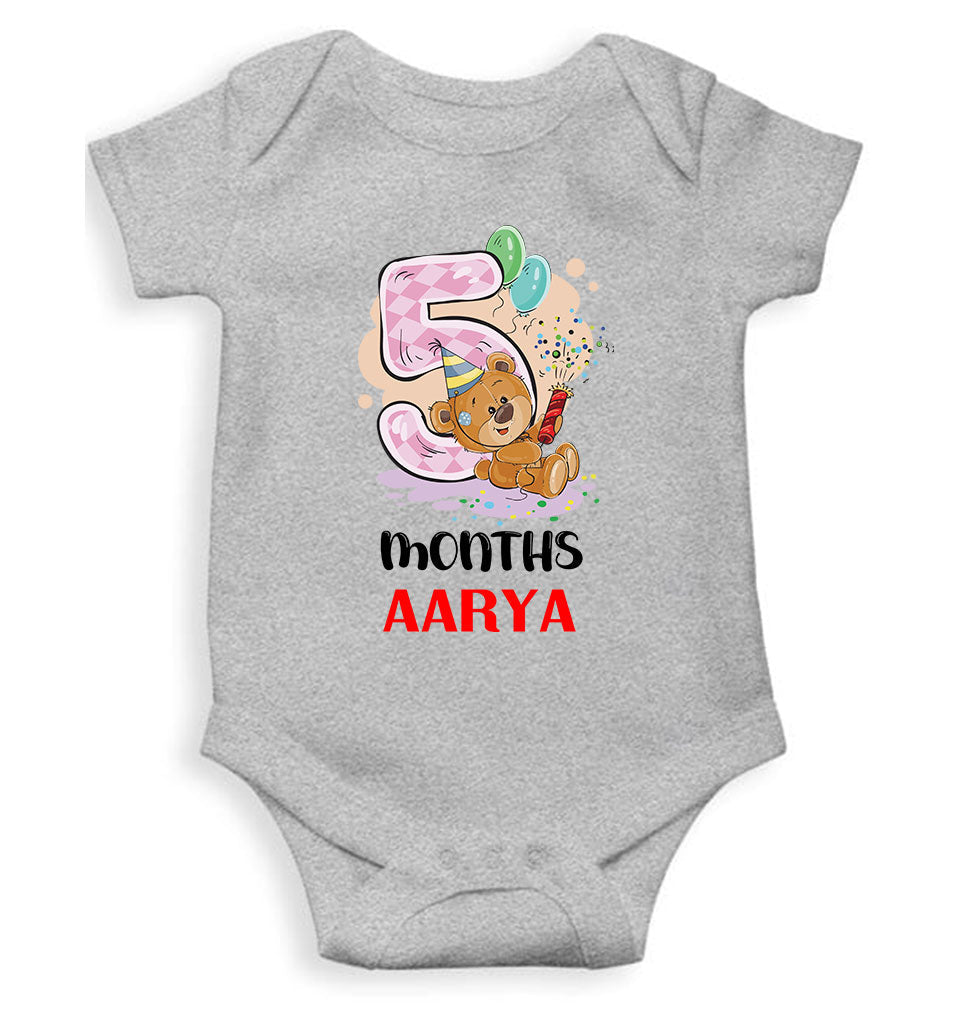 Custom Name 5 Month Birthday Teddy Design Rompers for Baby Girl- FunkyTeesClub