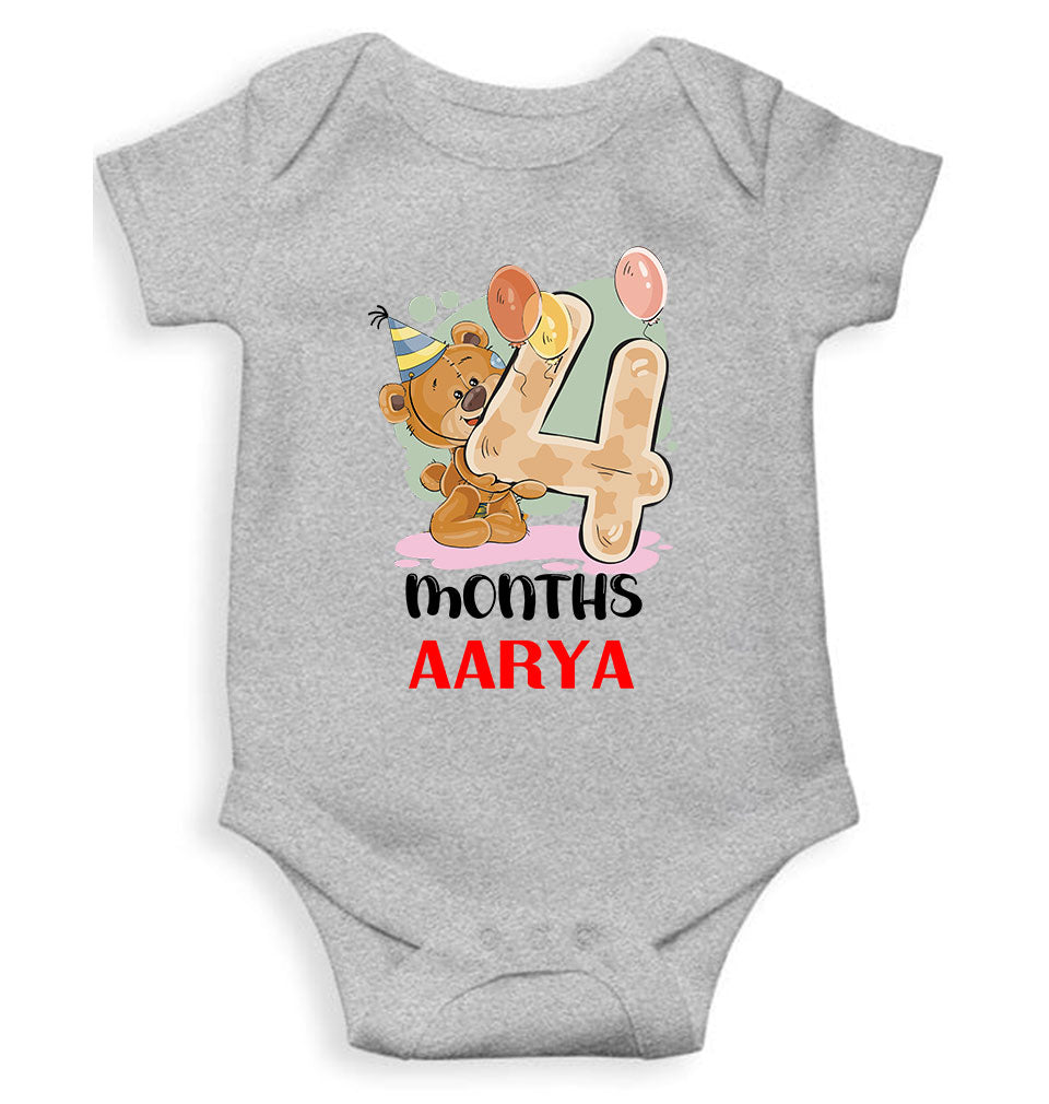 Custom Name 4 Month Birthday Teddy Design Rompers for Baby Girl- FunkyTeesClub