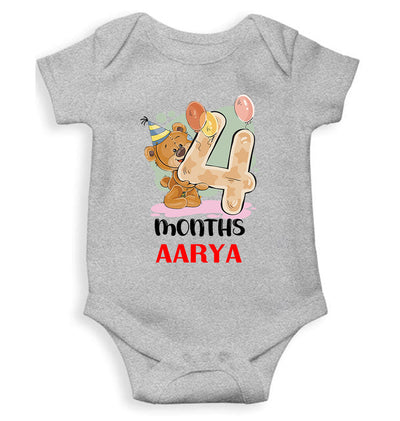 Custom Name 4 Month Birthday Teddy Design Rompers for Baby Girl- FunkyTeesClub