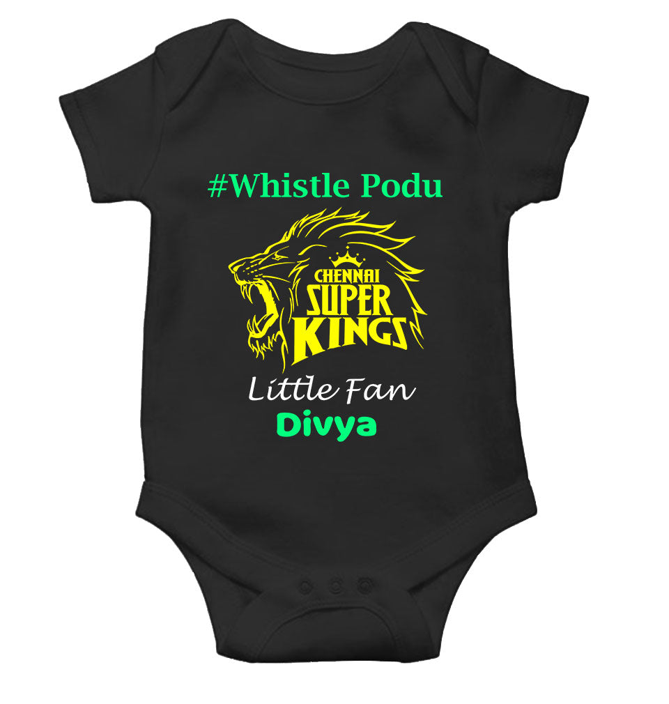 Custom Name IPL CSK Chennai Super Kings Whistle Podu Rompers for Baby Girl- FunkyTeesClub