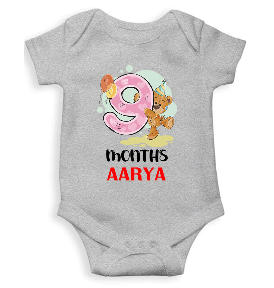 Custom Name 9 Month Birthday Teddy Design Rompers for Baby Girl- FunkyTeesClub