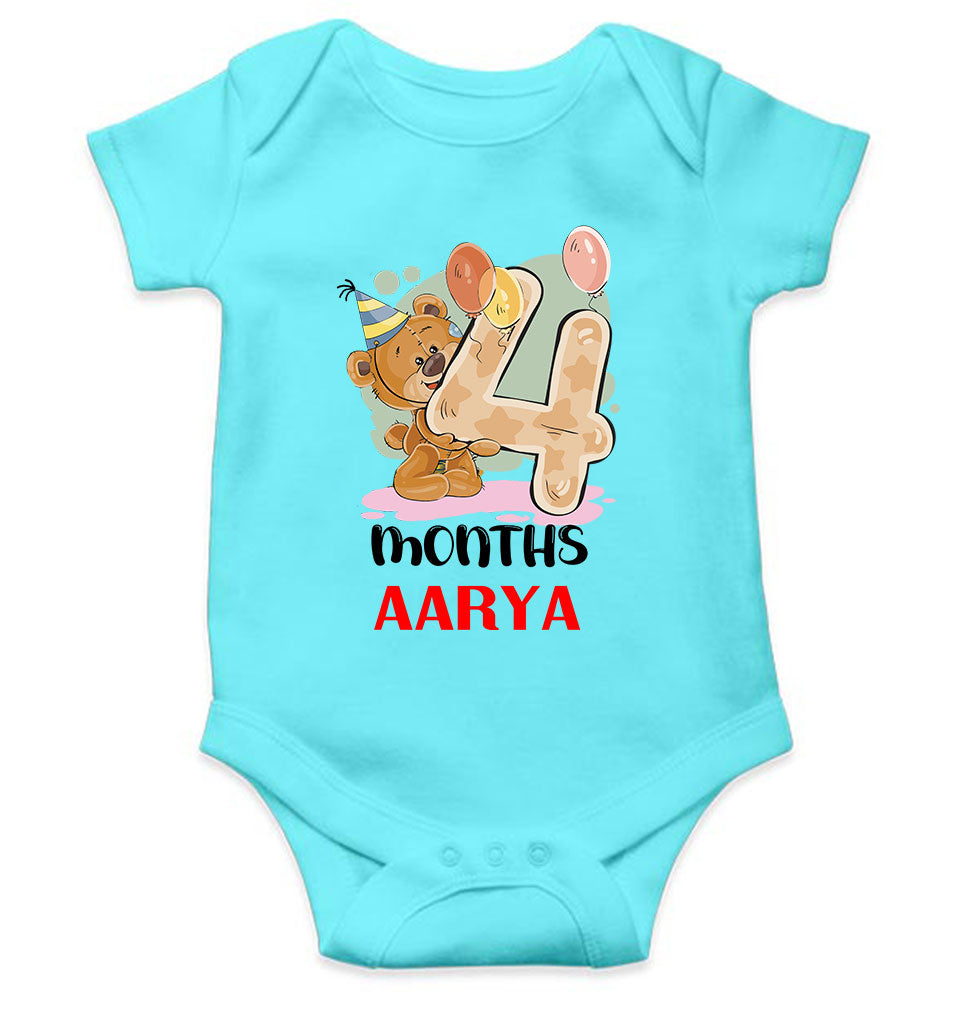 Custom Name 4 Month Birthday Teddy Design Rompers for Baby Girl- FunkyTeesClub