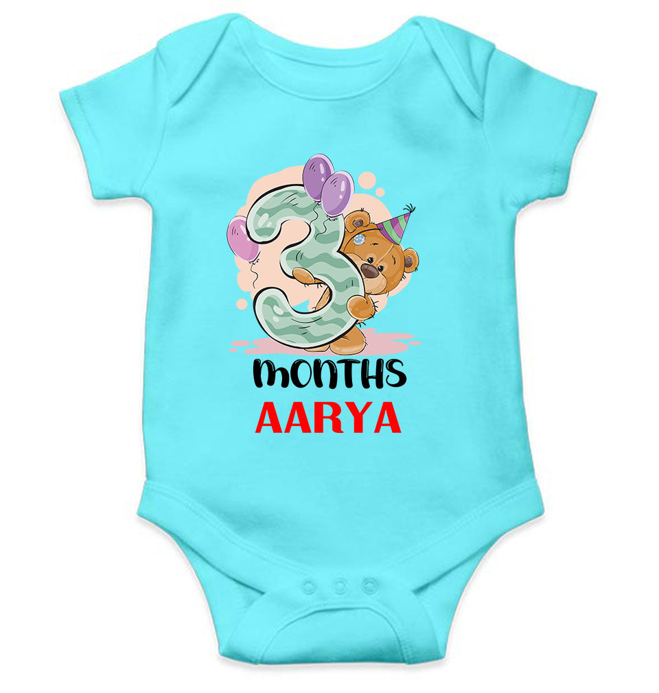 Custom Name 3 Month Birthday Teddy Design Rompers for Baby Girl- FunkyTeesClub