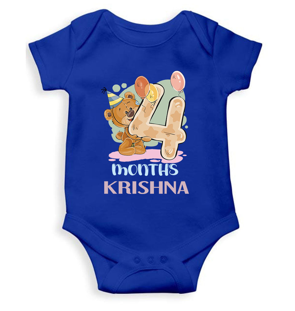 Custom Name 4 Month Birthday Teddy Design Rompers for Baby Boy- FunkyTeesClub