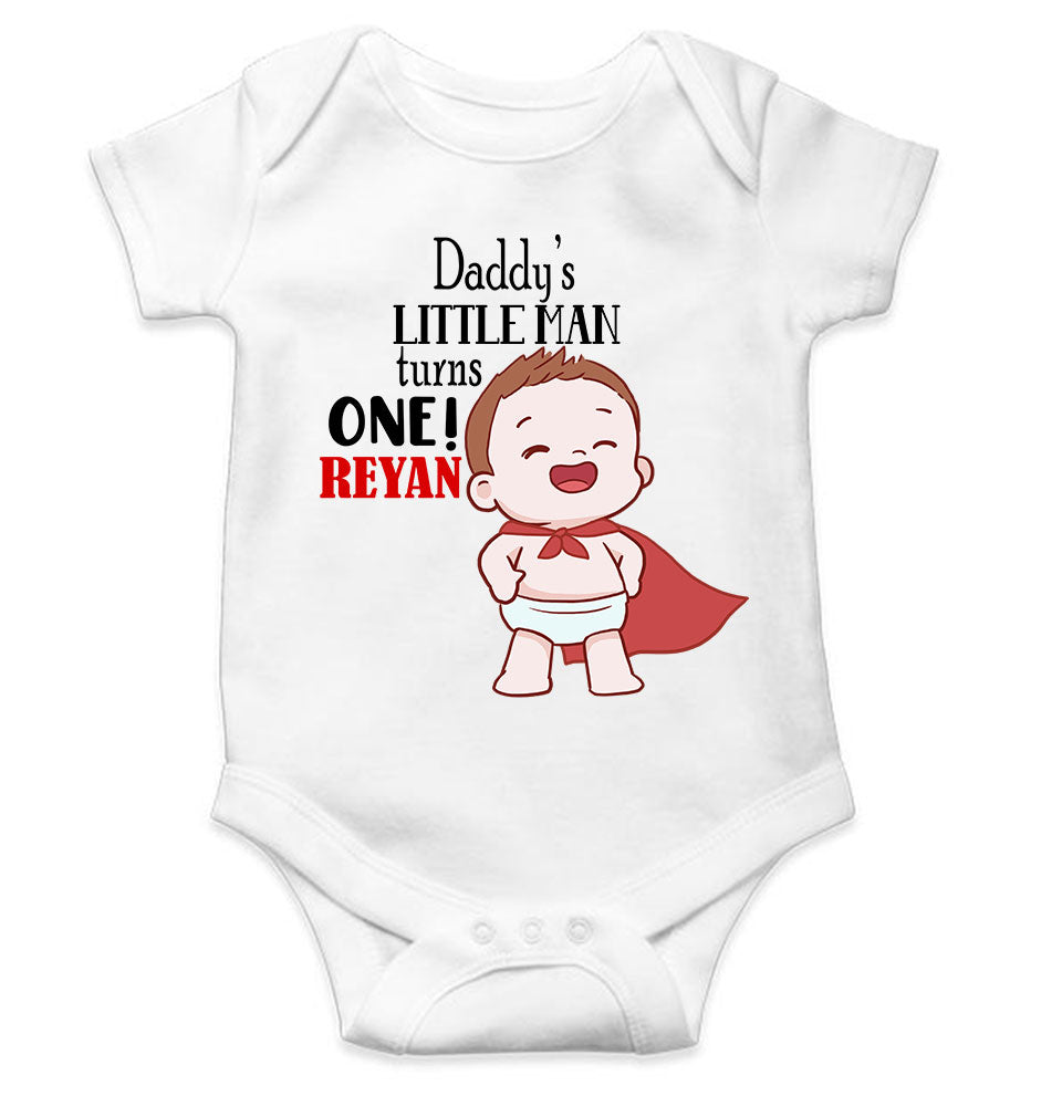 Custom Name Daddys Little Man Turns One First Birthday Rompers for Baby Boy- FunkyTeesClub