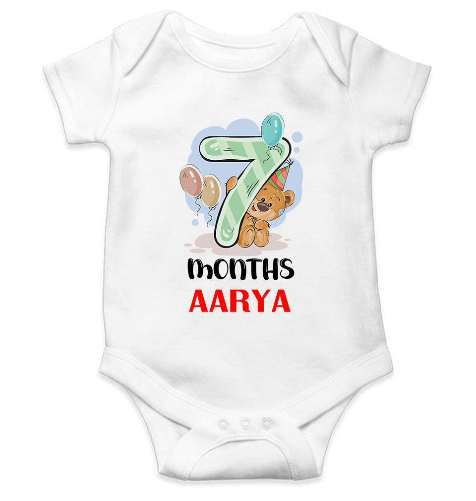 Custom Name 7 Month Birthday Teddy Design Rompers for Baby Girl- FunkyTeesClub