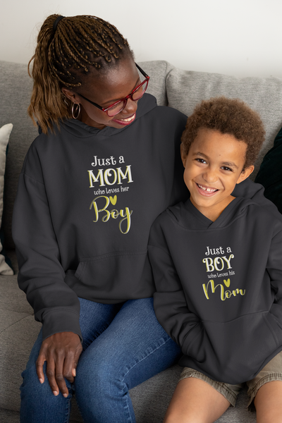 Just A Boy Who Loves His Mom Mother And Son Black Matching Hoodies- FunkyTeesClub