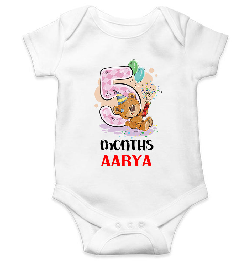 Custom Name 5 Month Birthday Teddy Design Rompers for Baby Girl- FunkyTeesClub