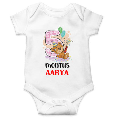 Custom Name 5 Month Birthday Teddy Design Rompers for Baby Girl- FunkyTeesClub