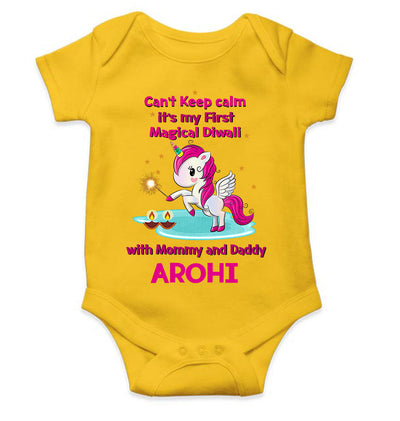 Custom Name Cant Keep Calm Its My First Diwali With Mumma Daddy Rompers for Baby Girl- FunkyTeesClub