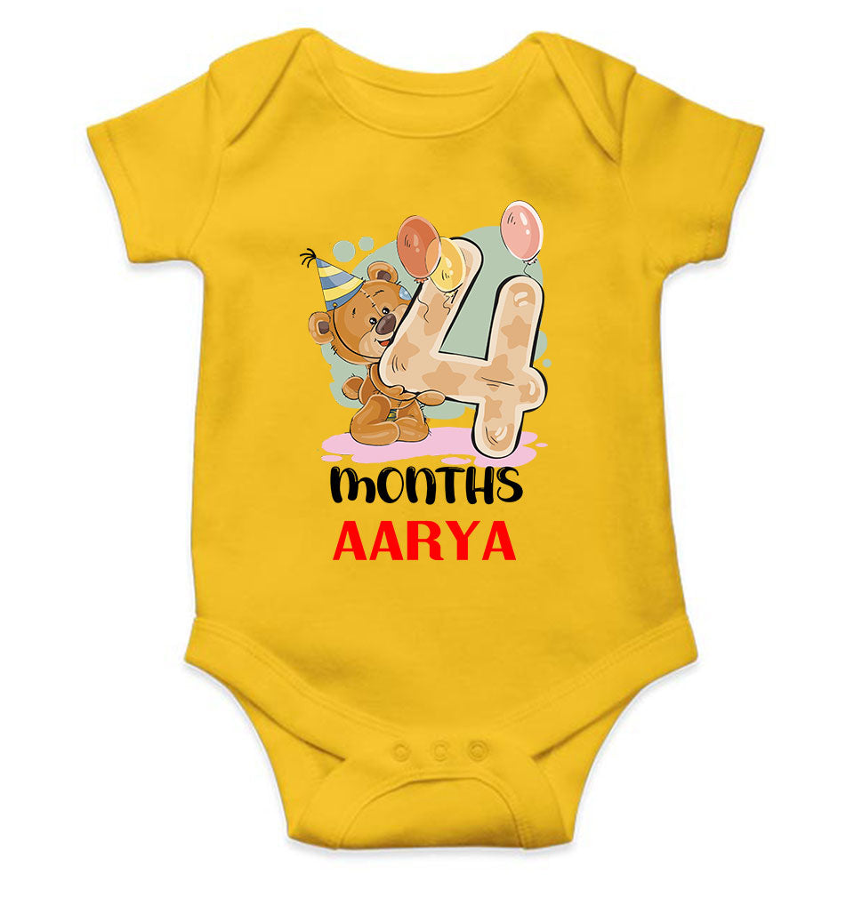 Custom Name 4 Month Birthday Teddy Design Rompers for Baby Girl- FunkyTeesClub