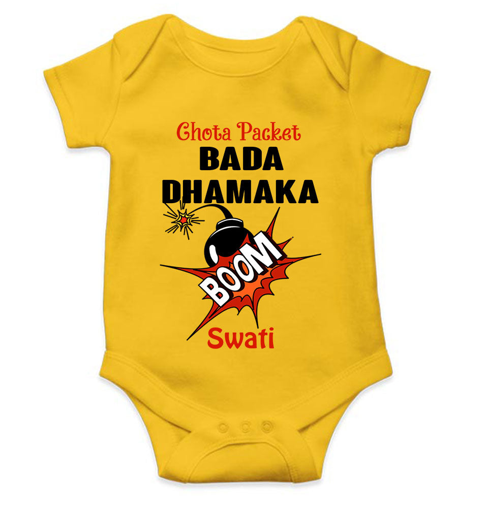 Custom Name Chota Packet Bada Dhamaka Diwali Rompers for Baby Girl- FunkyTeesClub