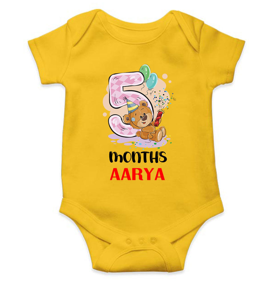 Custom Name 5 Month Birthday Teddy Design Rompers for Baby Girl- FunkyTeesClub