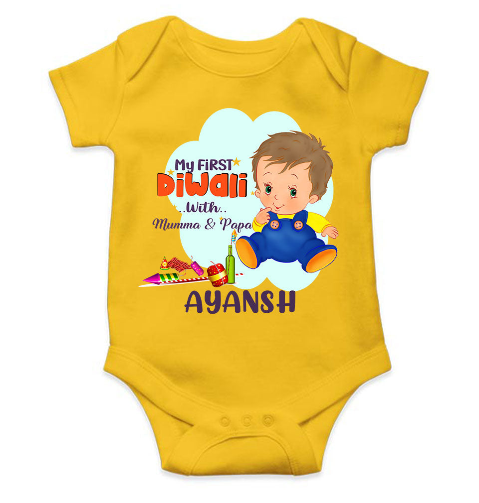 Custom Name My First Diwali With Mumma Papa Rompers for Baby Boy- FunkyTeesClub