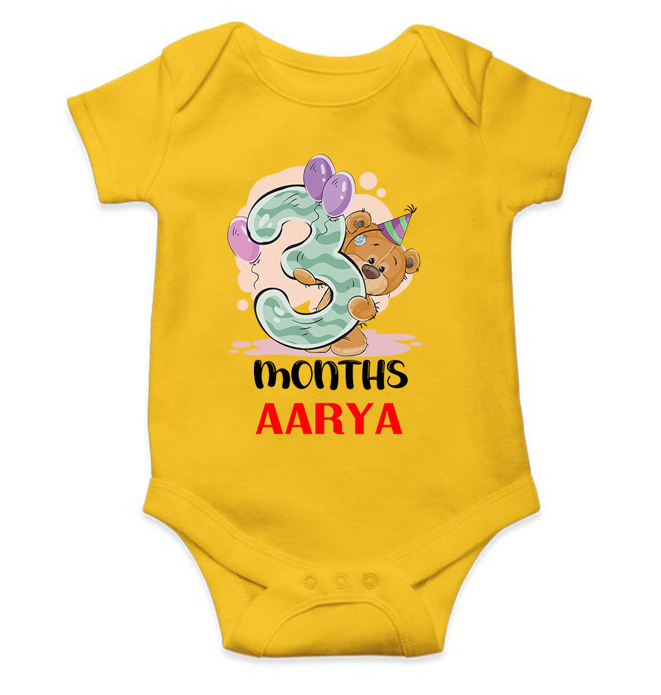Custom Name 3 Month Birthday Teddy Design Rompers for Baby Girl- FunkyTeesClub