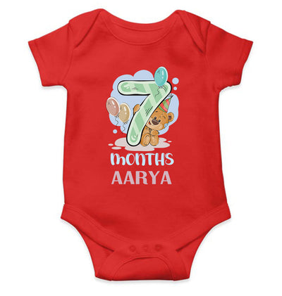 Custom Name 7 Month Birthday Teddy Design Rompers for Baby Girl- FunkyTeesClub