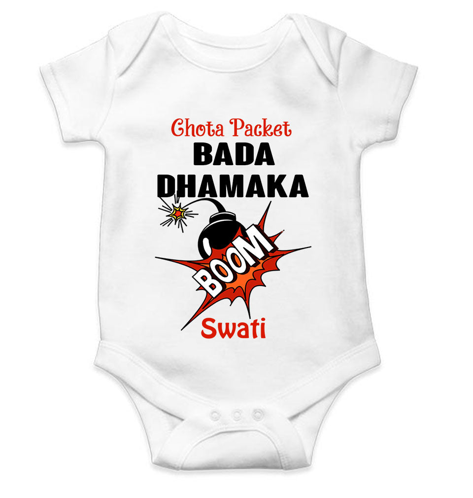 Custom Name Chota Packet Bada Dhamaka Diwali Rompers for Baby Girl- FunkyTeesClub