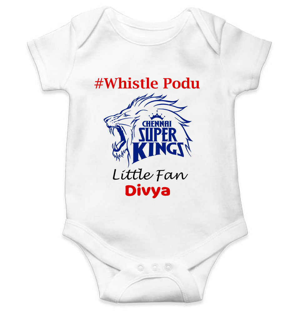 Custom Name IPL CSK Chennai Super Kings Whistle Podu Rompers for Baby Girl- FunkyTeesClub