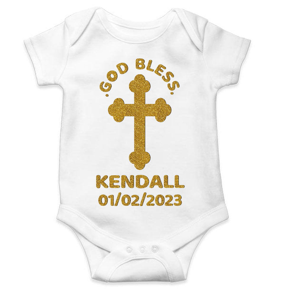 Custom Name And Date God Bless Baptism Christening Day Rompers for Baby Boy- FunkyTeesClub