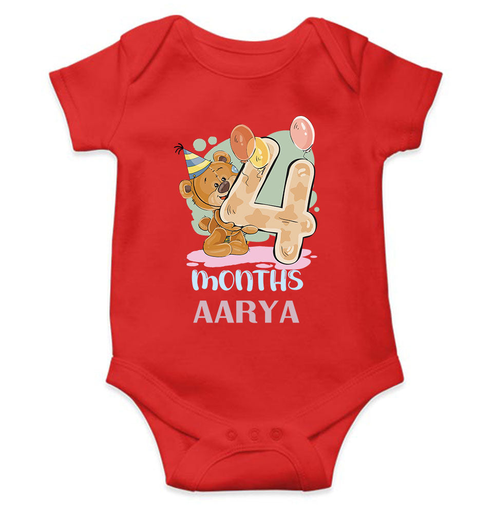 Custom Name 4 Month Birthday Teddy Design Rompers for Baby Girl- FunkyTeesClub