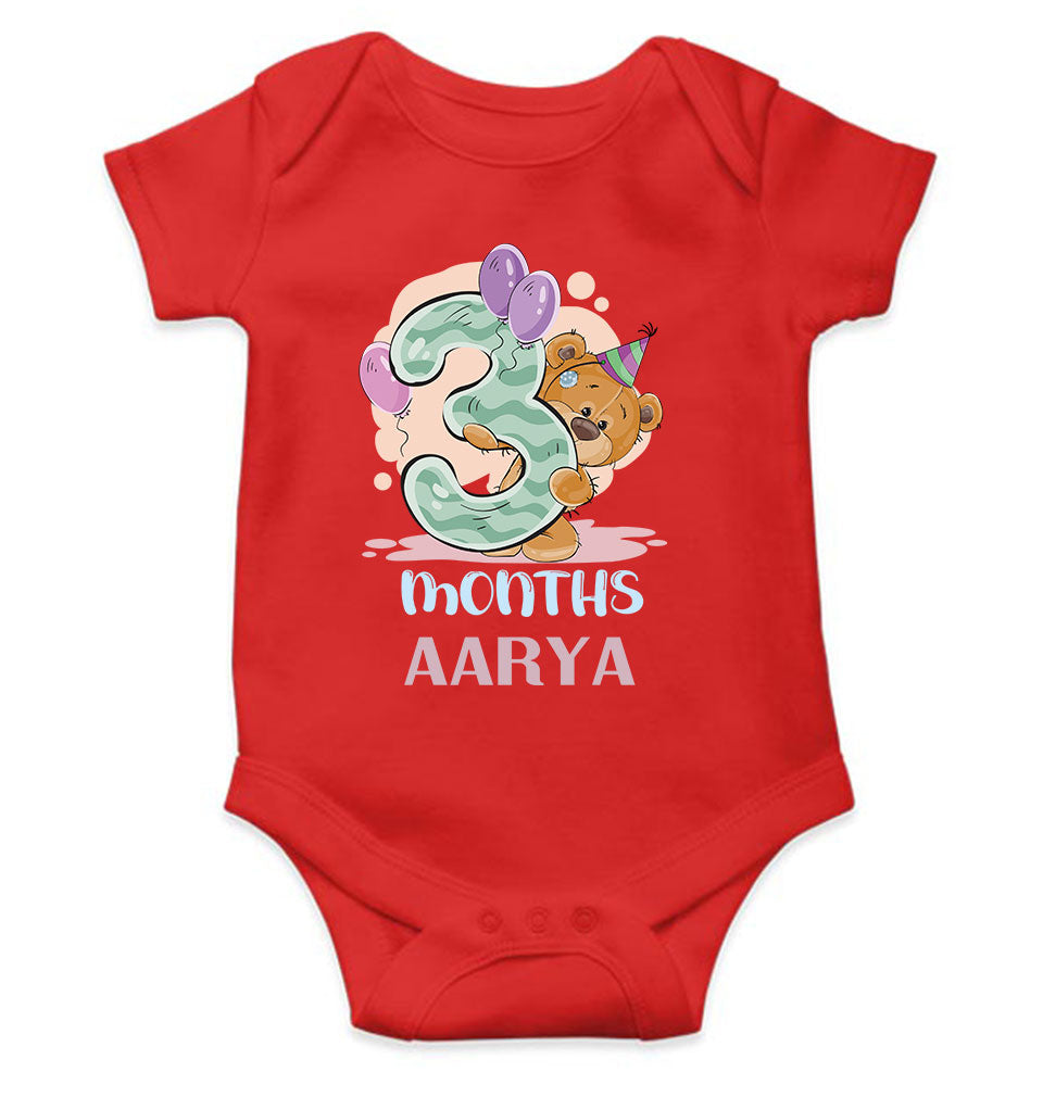 Custom Name 3 Month Birthday Teddy Design Rompers for Baby Girl- FunkyTeesClub