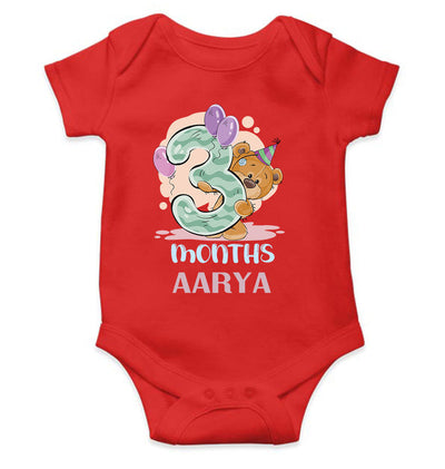 Custom Name 3 Month Birthday Teddy Design Rompers for Baby Girl- FunkyTeesClub