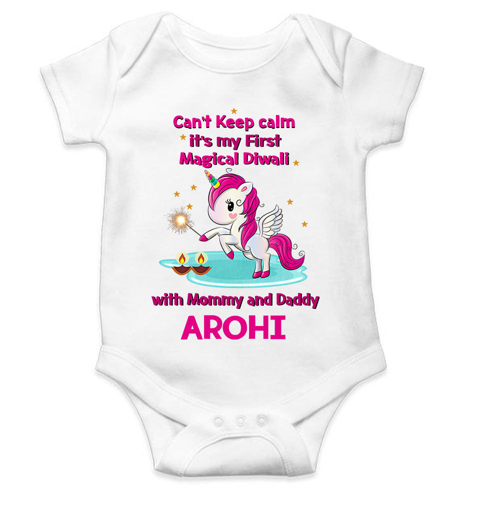 Custom Name Cant Keep Calm Its My First Diwali With Mumma Daddy Rompers for Baby Girl- FunkyTeesClub