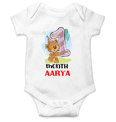 Custom Name 1 Month Birthday Teddy Design Rompers for Baby Girl- FunkyTeesClub