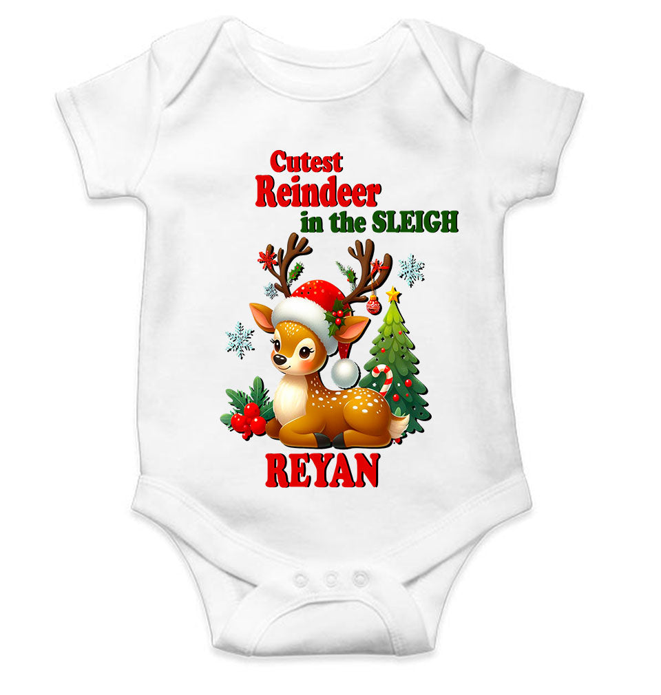Custom Name Cutest Reindeer In The Sleigh Christmas Rompers for Baby Boy- FunkyTeesClub