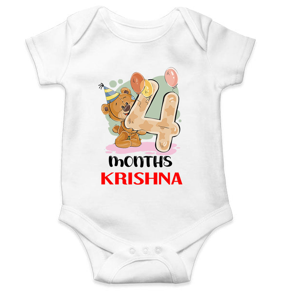 Custom Name 4 Month Birthday Teddy Design Rompers for Baby Boy- FunkyTeesClub
