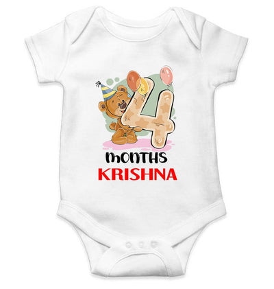 Custom Name 4 Month Birthday Teddy Design Rompers for Baby Boy- FunkyTeesClub
