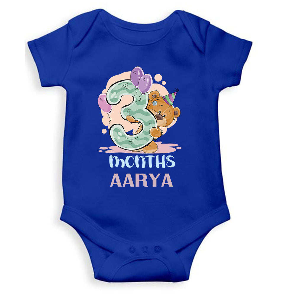 Custom Name 3 Month Birthday Teddy Design Rompers for Baby Girl- FunkyTeesClub