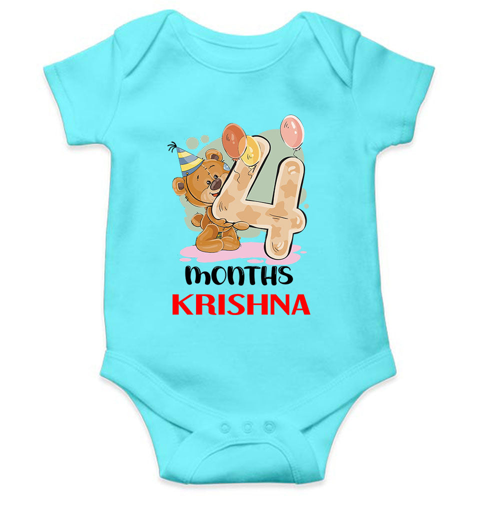 Custom Name 4 Month Birthday Teddy Design Rompers for Baby Boy- FunkyTeesClub