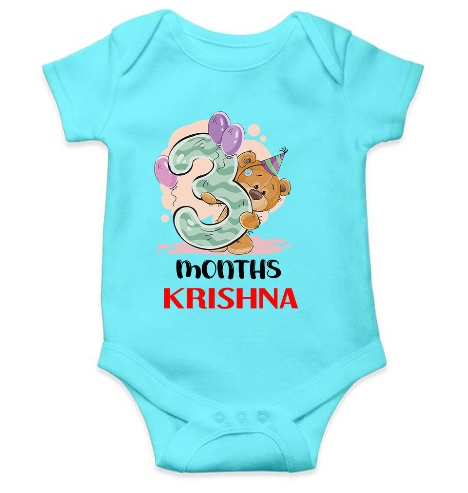 Custom Name 3 Month Birthday Teddy Design Rompers for Baby Boy- FunkyTeesClub