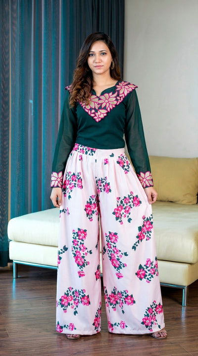 Women Embroidered Designer Top With Floral Printed Palazzo For Party and Office Wear- FunkyTeesClub