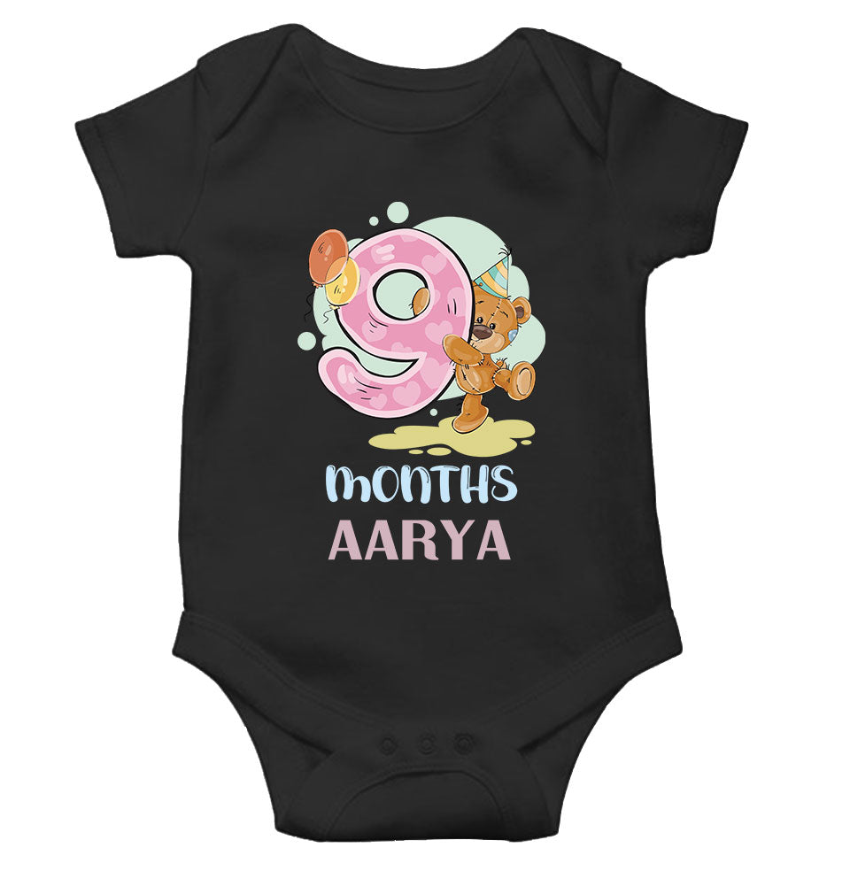 Custom Name 9 Month Birthday Teddy Design Rompers for Baby Girl- FunkyTeesClub