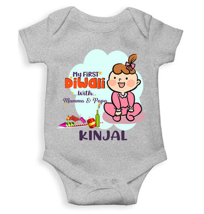 Custom Name My First Diwali With Mumma Papa Rompers for Baby Girl- FunkyTeesClub
